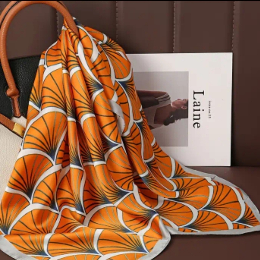 2 Scarves Scarf Bohemian mid Century Modern Style Fan Print Orange Green Retro - Picture 3 of 4